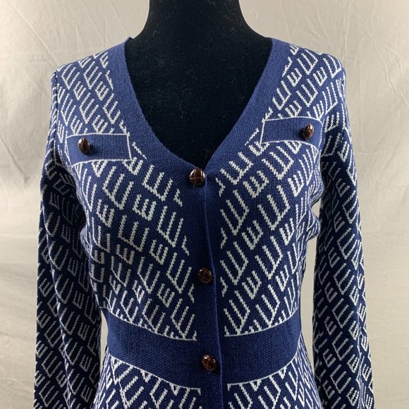 Button Front Pattern Sweater Dress Blue - Picture 6 of 7